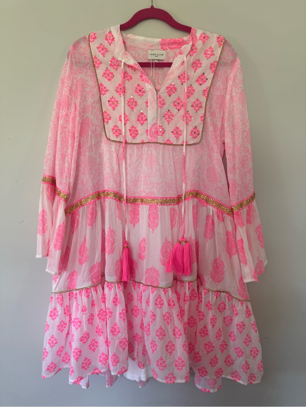 Miss June Paris Poppy Neon Pink Boho Coastal Cowgirl Ruffle Bottom Dress